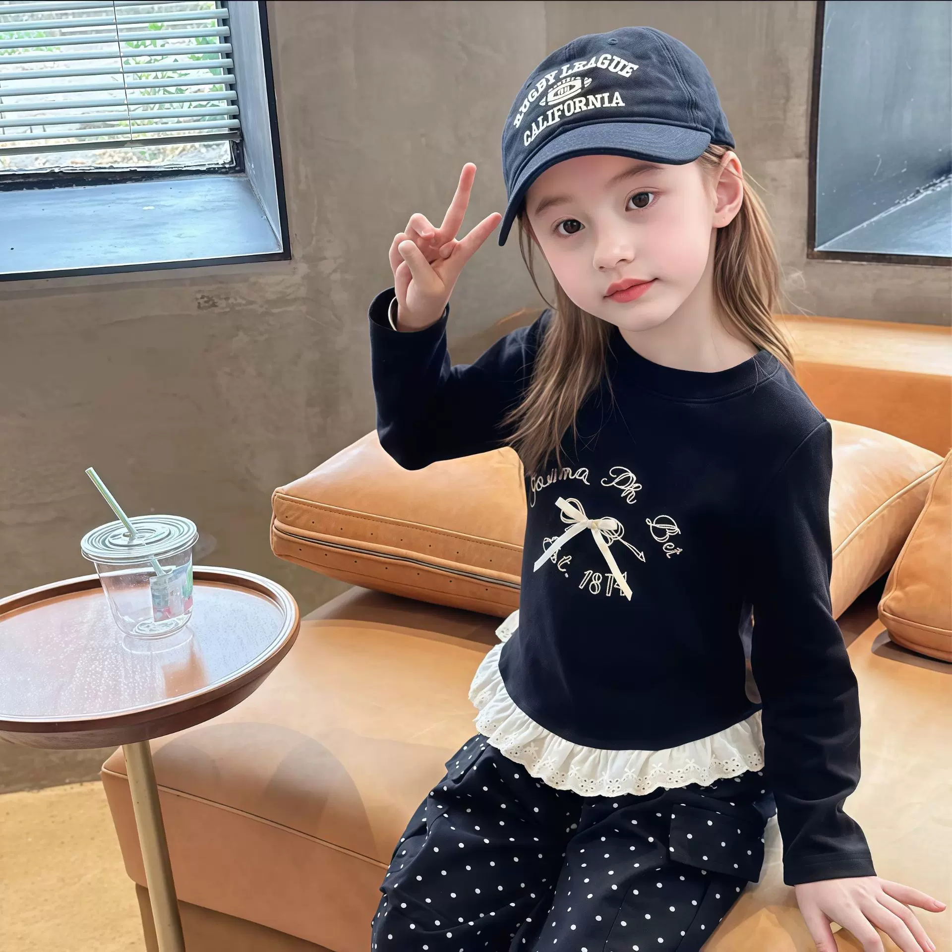 儿童秋季长袖T恤女童蝴蝶结纯色打底衫 宝宝可爱蕾丝花边休闲上衣