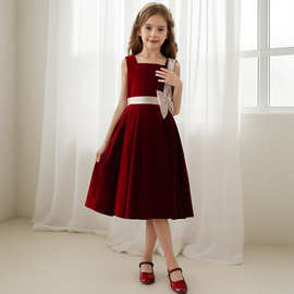 酒红色儿童走秀礼服2026新款丝绒无袖法式公主裙女童合唱团演出服
