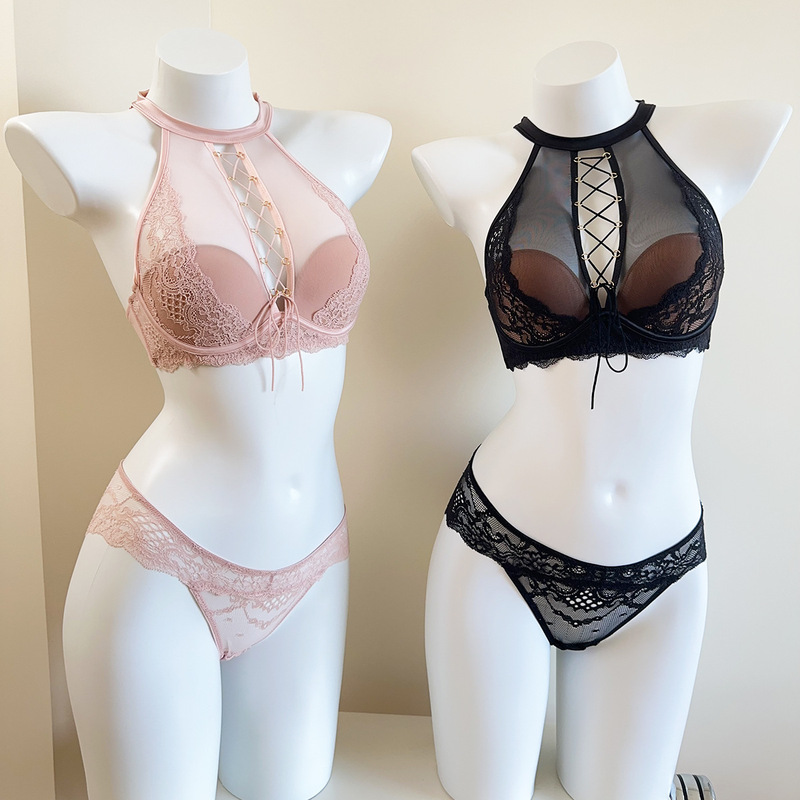 Sexy Pure Desire French Style Lace Strap Neck Lingerie suit Women's Thin Small Chest Gather-up Outer Wearing Black Bra