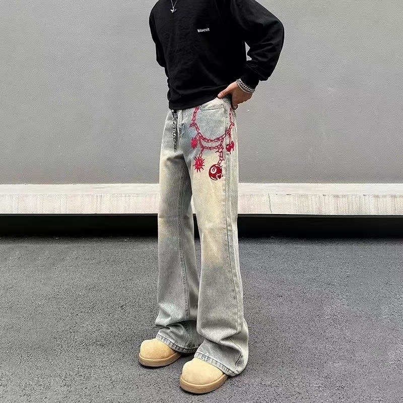 Men's Distressed Washed Yellow Mud Denim Jeans Straight Leg Bootcut_voghion.com