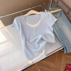 韓国ブルーニットアイスシルク半袖Tシャツ女性用夏ユニークで美しい超見栄えの良いデザインフェイクツーピーストップ
