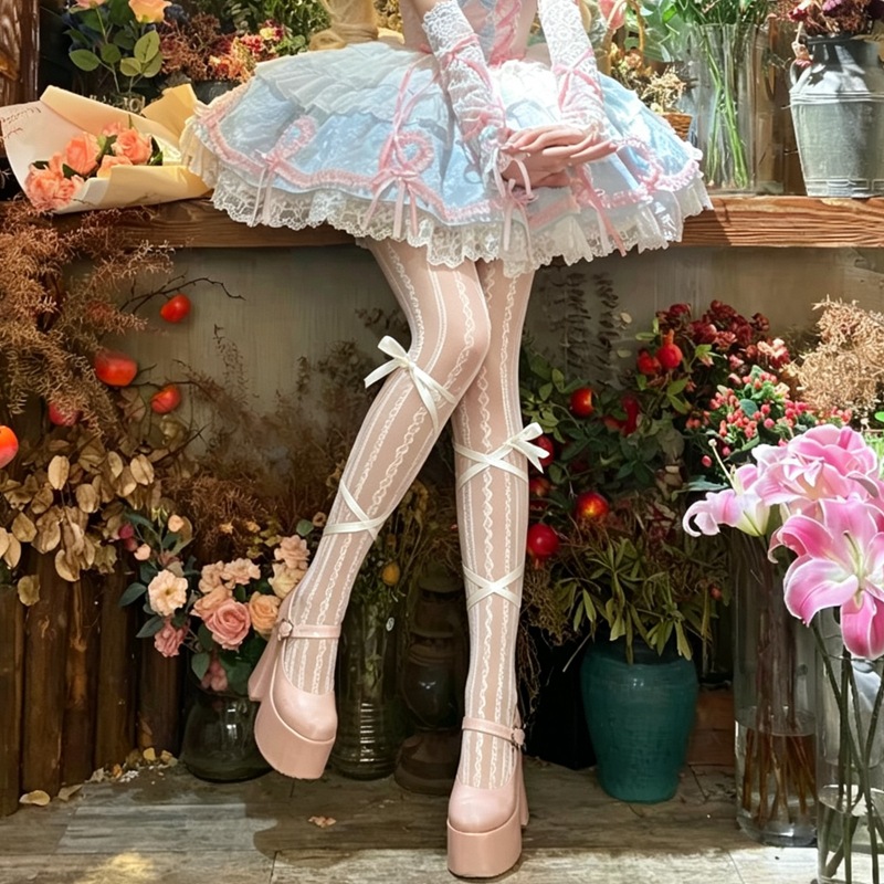 lolita奶白色丝袜女夏季薄款小腿绑带黑丝甜酷辣妹纯欲风连裤袜
