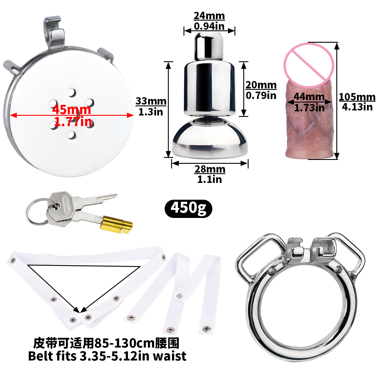 [3176a] k-03 40mm ring + urine support base + s size penis + pu-5 white elastic belt
