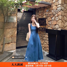 蓝雾之恋法式牛仔连衣裙女夏小众设计感收腰气质吊带长裙
