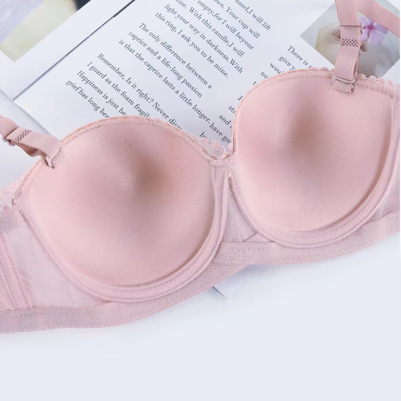 1/2 media taza de ropa interior con borde de encaje para mujer, correa para el hombro, copa de espesor medio desmontable con anillo de acero, sujetador de mujer recogido en stock