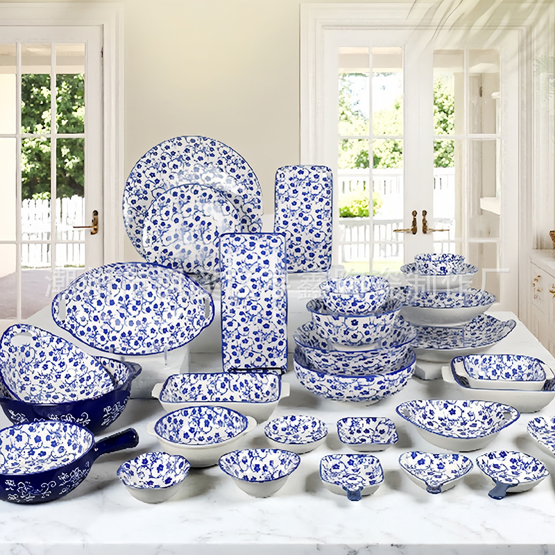 Underglaze ceramic tableware rice bowl noodle soup bowl home creative personalized breakfast bowl plate home set blue and white Underglaze ceramic tableware rice bowl noodle soup bowl home creative personalized breakfast bowl plate home set blue and white