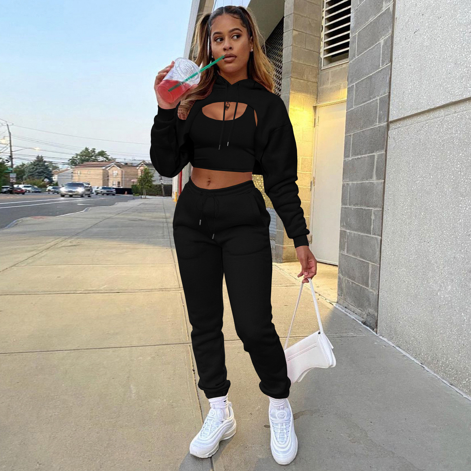 2023 European and American women's fleece-lined in autumn and winter drawstring solid color hooded cape sweater long sleeve trousers vest three-piece suit