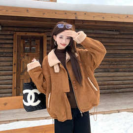 羊羔毛外套女短款加绒秋冬新款2025高级感小个子宽松麂皮绒上衣
