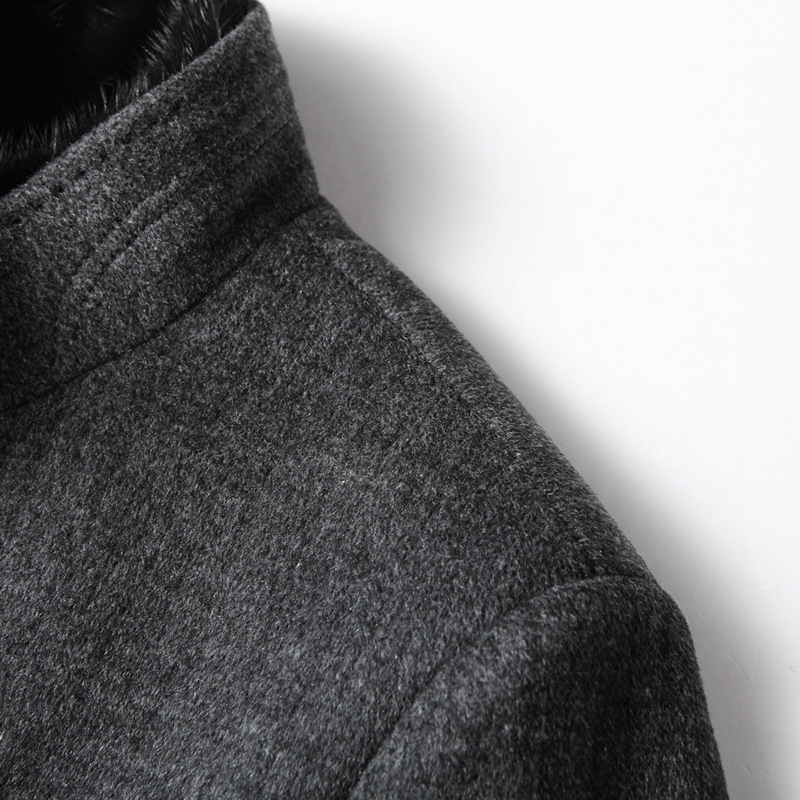 Erkek Giyim çift taraflı çıkarılabilir beyaz ördek İpek pamuk astarlı vizon dik yaka orta uzunlukta yün iş ceketi_voghion.com