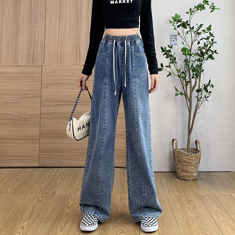 High-waisted elastic jeans female plus-size fat sister autumn and winter flannel pants with a wide leg straight pants to show lean meat