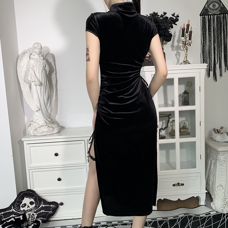 Retro Dark Style Hollow Receiving Waist Short-Sleeved Slit Cheongsam Dress NSGYB99119