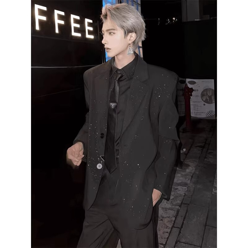 Engagement Suit with Baby's Breath Sequins, Shoulder Pads, Blazer, Men's High-End Hairstylist Outfit, Handsome Casual Suit