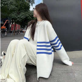 撞色条纹棒球服毛衣外套女2025秋季新款软糯慵懒宽松拉链针织开衫