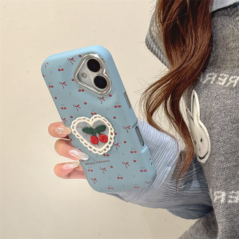 Bordado de cuero con lazo de cereza para iPhone16promax Advanced Sense Apple 15pro/14 Nuevo