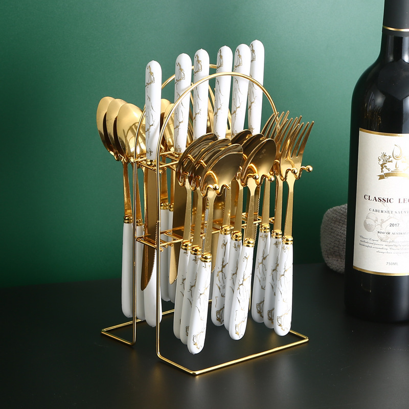 Marbled Knife, Fork, Spoon and Tableware 24-Piece Set Imitation Ceramic Handle Party Source Manufacturer Wholesale Cross-Border Export