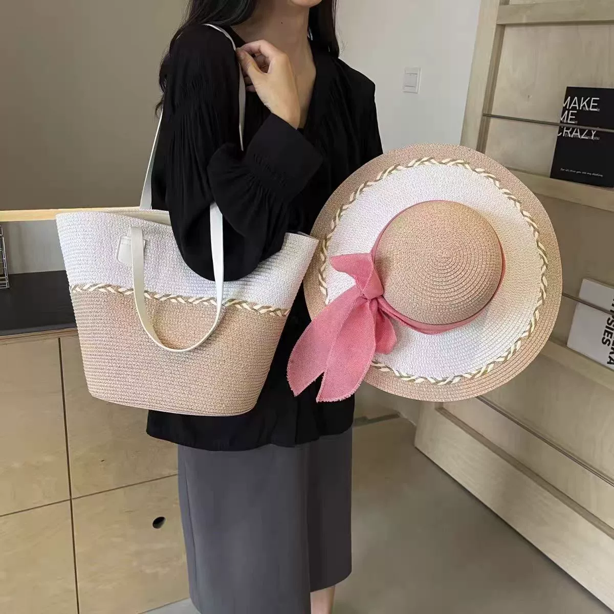 Summer straw hat, bag, universal set with bow, sun protection