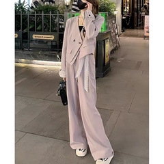 时尚西装套装女士春秋新款蕾丝拼接小西服高腰长裤韩系穿搭两件套