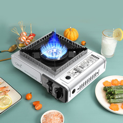 Portable outdoor camping gas stove with built-in ignition and windproof design, ideal for outdoor cooking and camping needs.