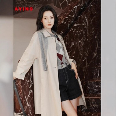 Y莹2025早秋新款女装 通勤宽松廓形中长款翻领风衣外套7302A|undefined