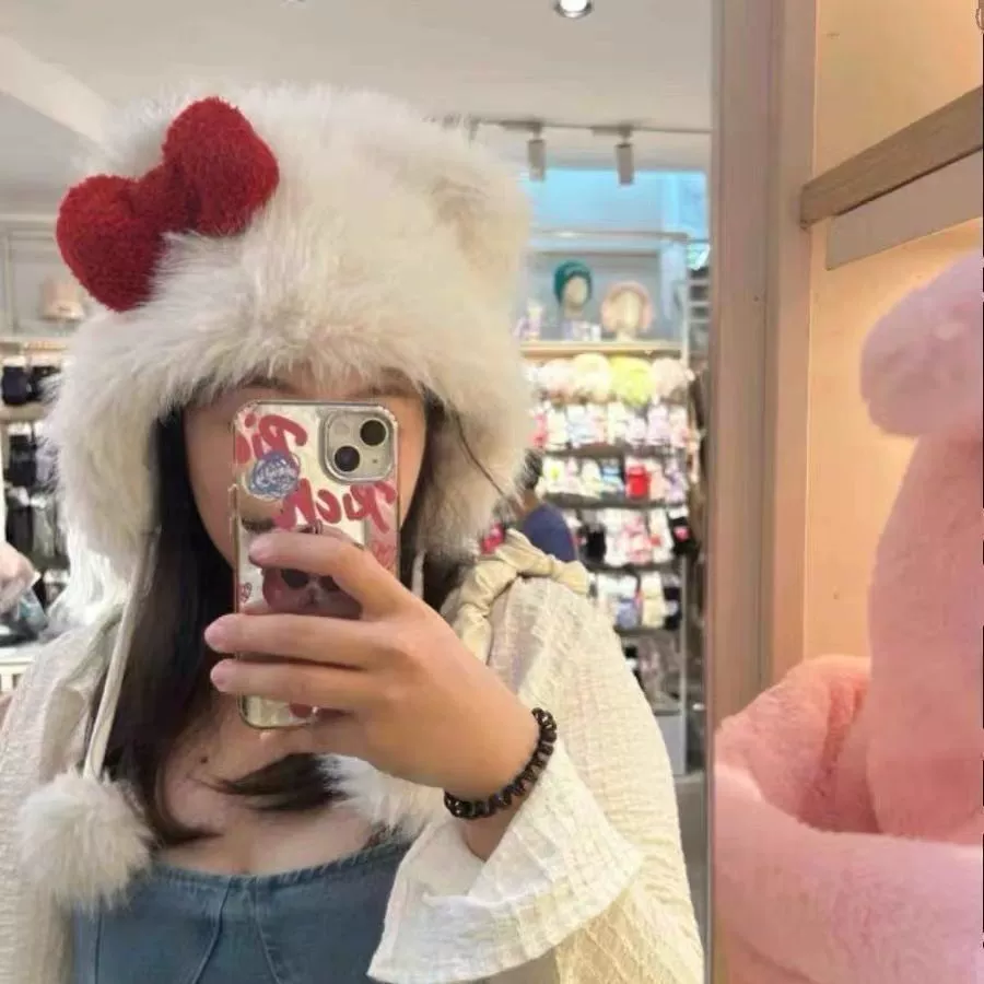 Cute Cartoon Bow Trapper Hat, White, Velvet Earflaps, Thick Plush Lining