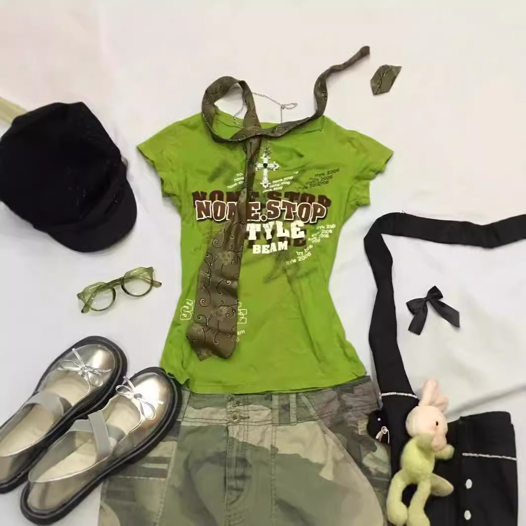 Foreign Trade Antique American Spice Girls Retro Short-sleeved New 2024 Printed Slim-fit Summer Round Neck T-shirt Short Top