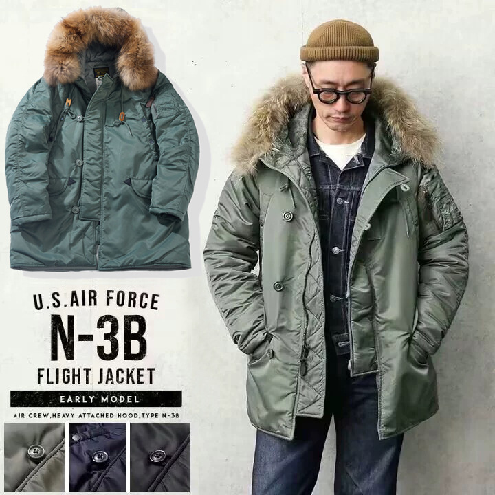 Okonkwo N-3B Cold-Proof Clothing, Thickened Mid-Length Parka Coat, Cotton Jacket with Raccoon Fur N3B Detachable Fur Collar