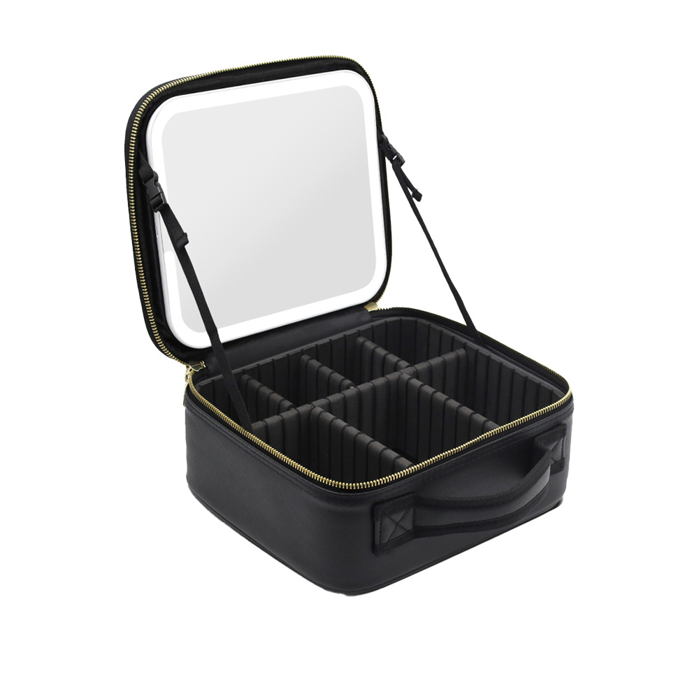 En stock bolsa de cosméticos de gran capacidad con espejo y luz LED extraíble espejo magnético caja de almacenamiento de cosméticos bolsa
