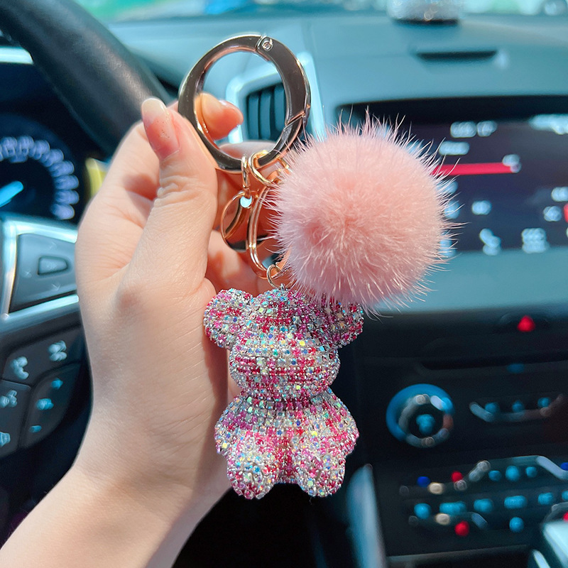 Nuevos productos de moda lindos viento gran botón redondo visón completo diamante osos llavero creativo pareja llavero colgante regalo