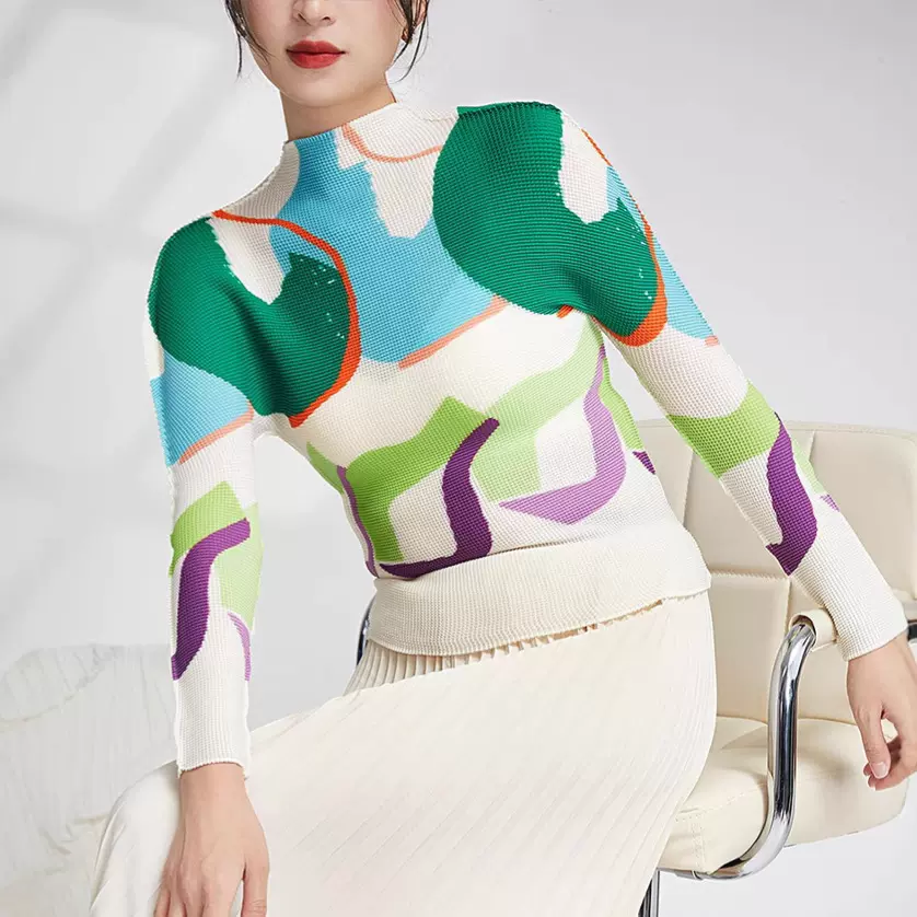 三宅专柜款me系列褶皱T恤上衣女长袖薄款半高领打底衫修身不起球