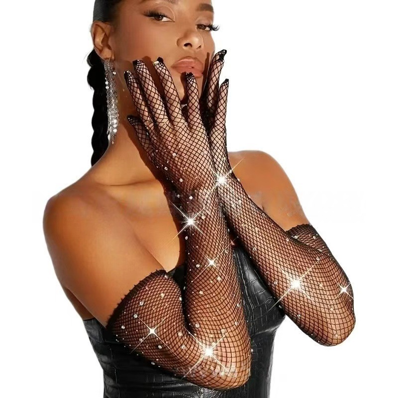 Bency ropa interior europea y americana guantes de diamantes retrógrados malla negro elástico diamantes coloridos accesorios sexuales en stock