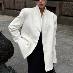 欧美跨境新款长袖立领收腰西装外套女秋季气质百搭设计感小众西服