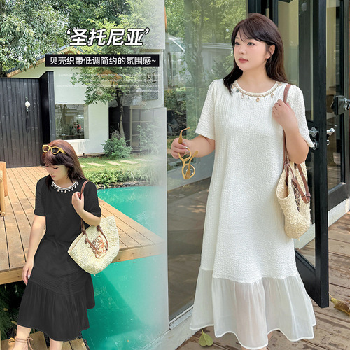 Yinoda Plus Size Sweet Spliced Ruffled Skirt Dress 2025 New Summer Round Neck Straight Tube Long Dress 232436 