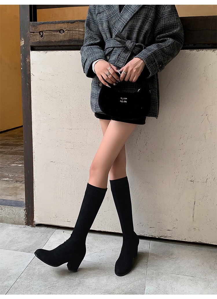 Boot nữ cổ cao ôm bắp chân mũi tròn gót vuông đế dày da lộn — Lớp lót đơn trên đầu gối màu kaki chi tiết 36