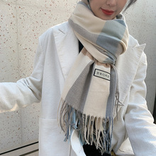 韩系姐姐风撞色围巾女2023冬天新款仿羊绒围巾中长流苏边保暖披肩