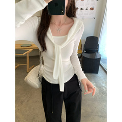 欧货韩系紫色披肩假两件长袖T恤女2025秋季新款收腰显瘦上衣女