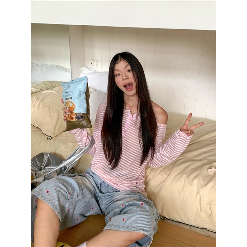 原版面料美式慵懒高级感条纹长袖气质上衣女夏休闲显瘦薄款打底衫|undefined