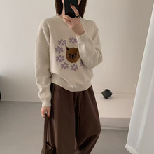 圆领刺绣小猫针织衫毛衣女2025秋冬新款韩系慵懒风针织衫上衣女