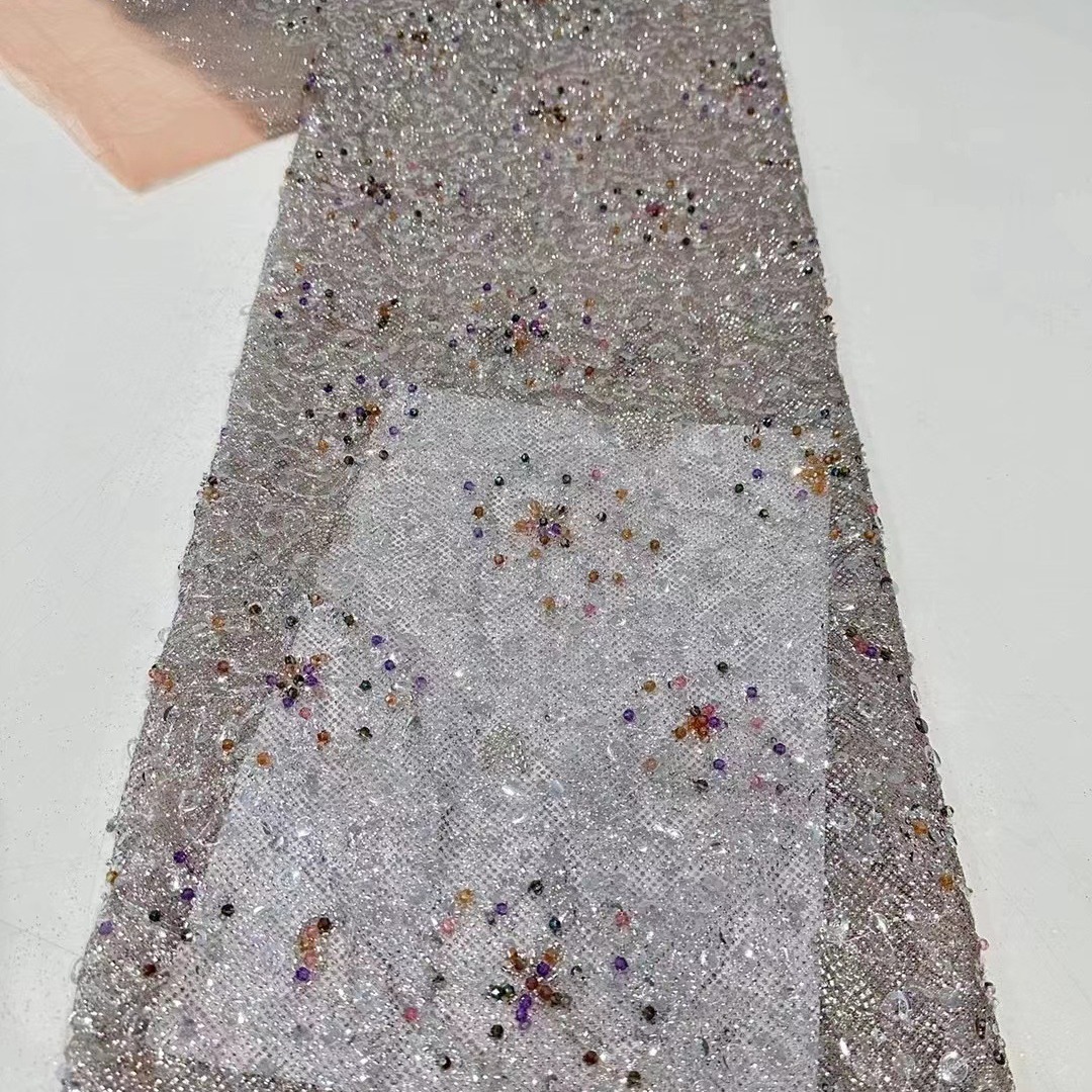 Polvo de polvo de tela de sequilla de encaje cuentas bordadas vestido de boda cheongsam bordado tela de sequilla