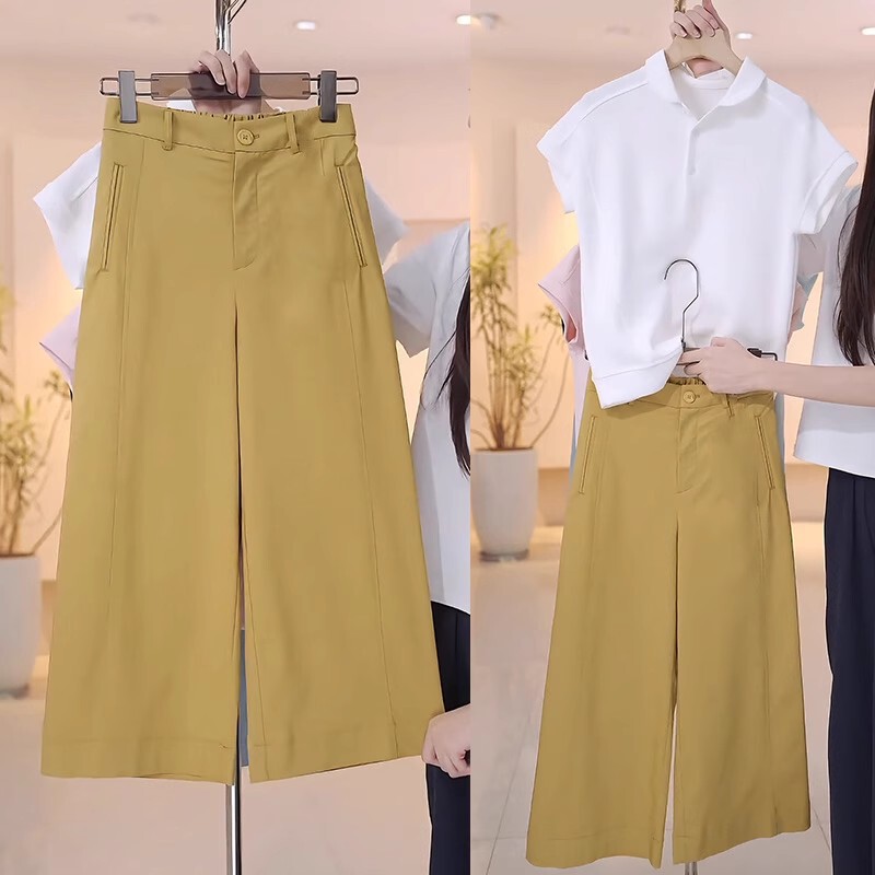 黄色の女性用8点ワイドレッグパンツ、夏用薄手2025新作シワ防止アイスシルクスーツパンツ、後ろが伸縮性のあるカジュアルパンツ|undefined
