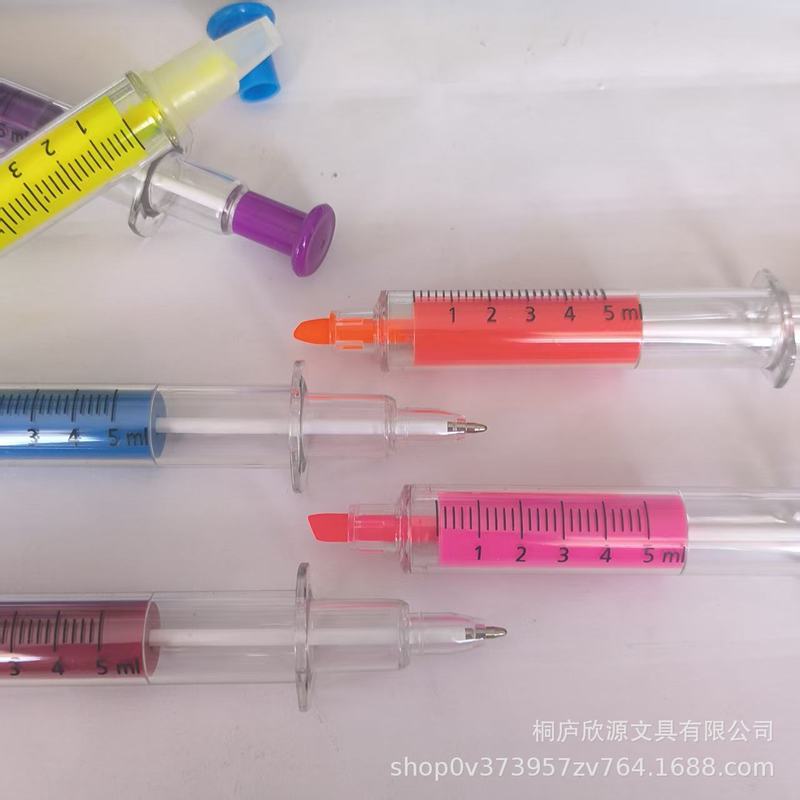 両用双頭シリンジ蛍光ペンボールペンクリエイティブカラーペン注射器ペンプラスチックボールペンマーカーペン|undefined
