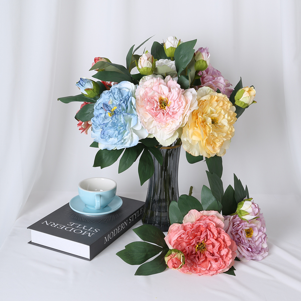 Simulación de una sola rama 2 cabeza peonía de borde asado estilo nórdico decoración de bodas decorativa floral pintura al óleo peonía imitación flores