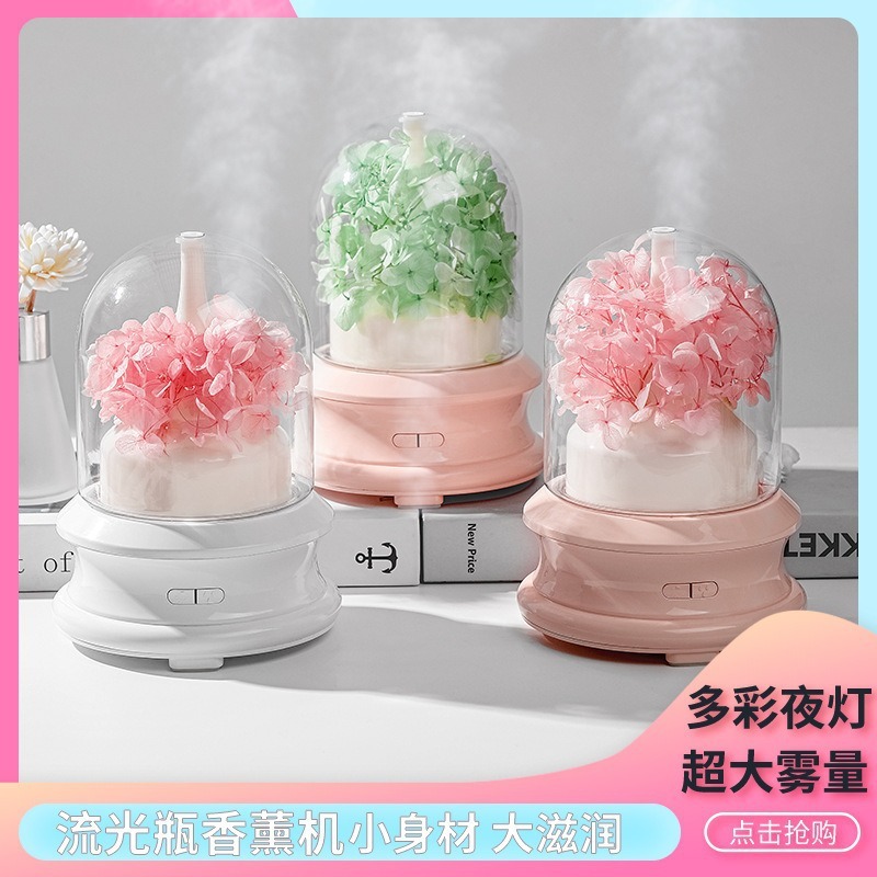 跨境永生花加湿器家用桌面卧室摆件氛围夜灯香氛精油香薰机礼品|undefined