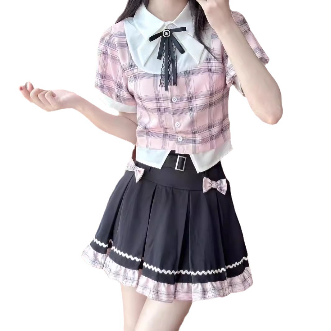 한국 소녀 대학 스타일 귀여운 달콤한 소녀 블랙 파우더 JK 유니폼 세트 작은 여름 소녀