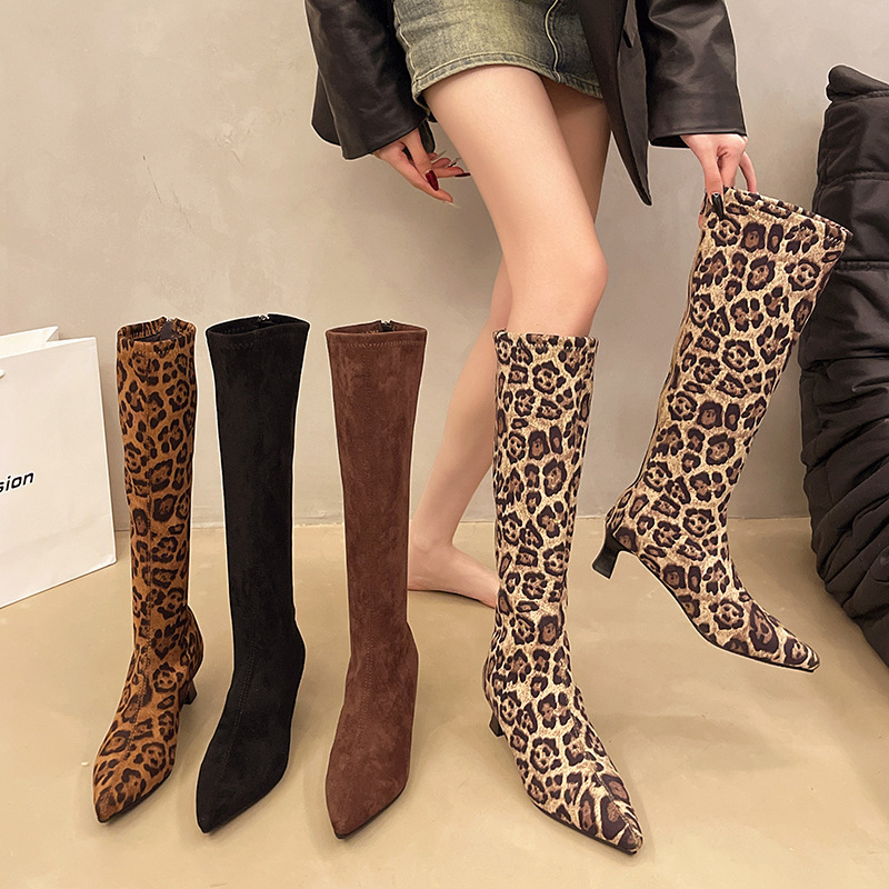 High-Heeled Women's Boots, Pointed Toe, Leopard Print, Over-The-Knee Boots, Leg-Covering, Slimming, Elastic Boots, Fashionable and Versatile Long Boots, Cross-Border High-Heeled Women's Boots, Pointed Toe, Leopard Print, Over-The-Knee Boots, Leg-Covering, Slimming, Elastic Boots, Fashionable and Versatile Long Boots, Cross-Border