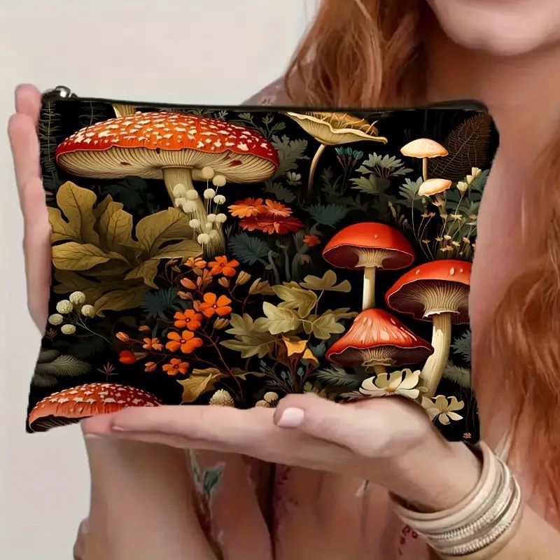 Bolsas de maquillaje transfronterizas de lino impermeable Amazon venta caliente hongos ilustración, bolsas de maquillaje personales bolsas de mano