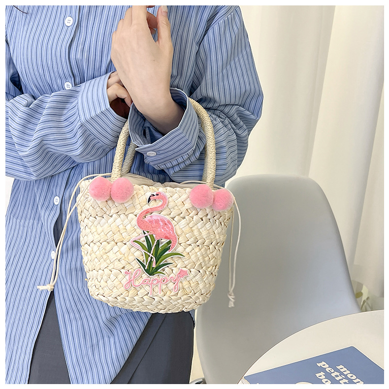 Women's Small Straw Letter Flamingo Flower Vacation Beach Weave Open Straw Bag display picture 16