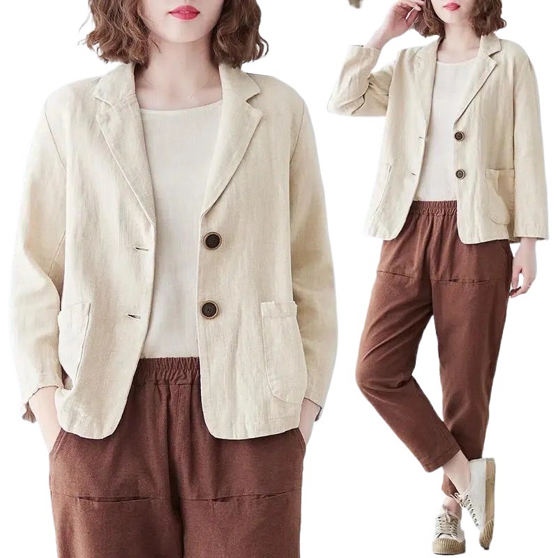 綿麻のコートの小さいスーツの2023春の夏の新型のゆったりしている文芸は長袖のカジュアルな気質の日焼け止めの服の女性に似合います。