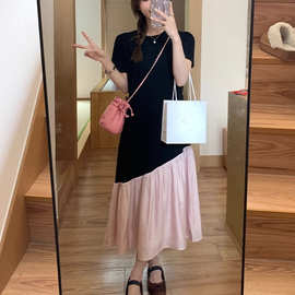 不规则撞色拼接短袖连衣裙女设计感宽松显瘦圆领T恤长裙新款