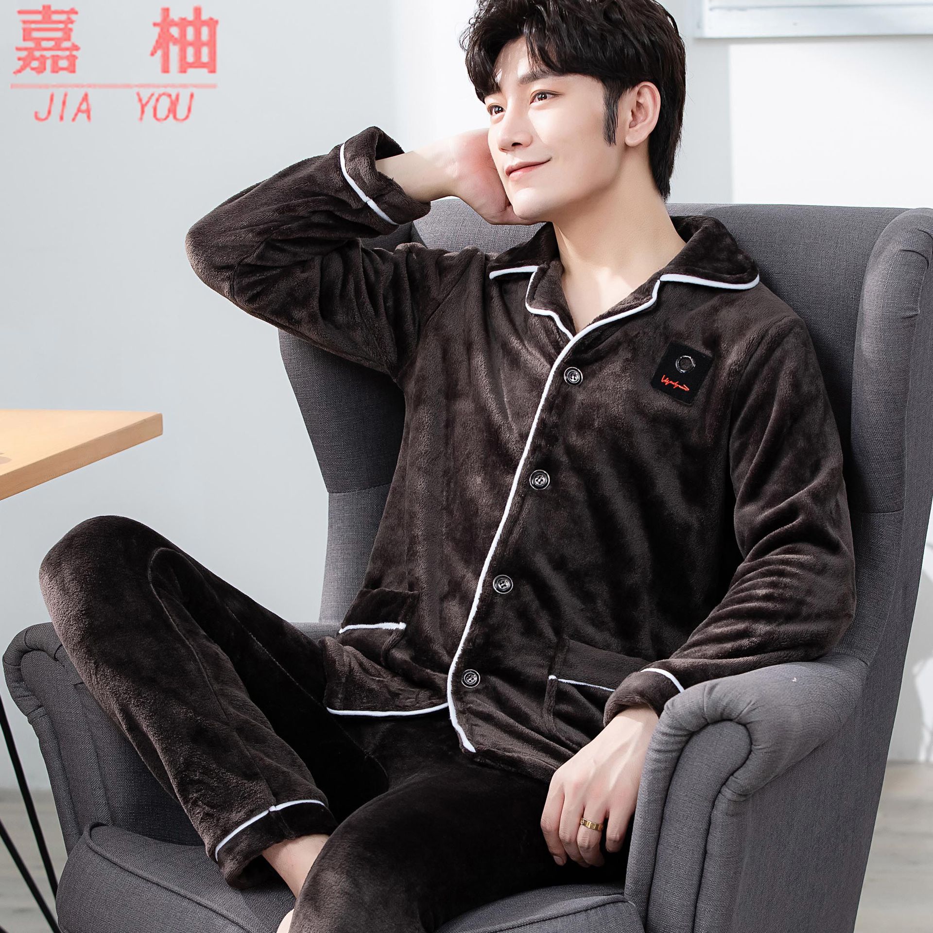 Pijamas de invierno de terciopelo de coral, pijamas de franela gruesas de invierno para hombres, ropa de hogar cálida de mangas largas para hombres