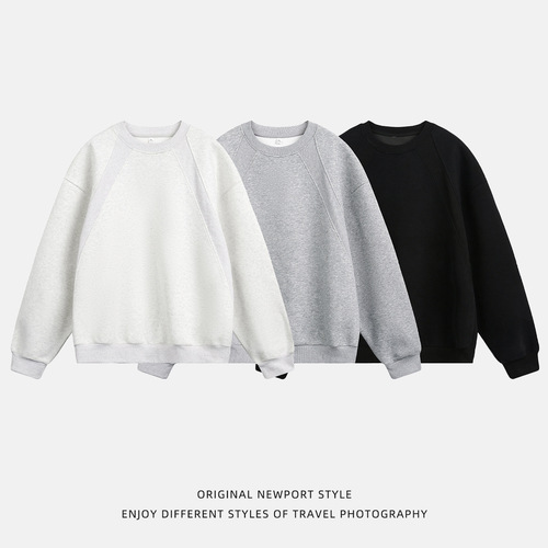 Heavy-duty space cotton crew neck hoodie for men, autumn style, patchwork boxy cut American retro casual turtleneck jacket